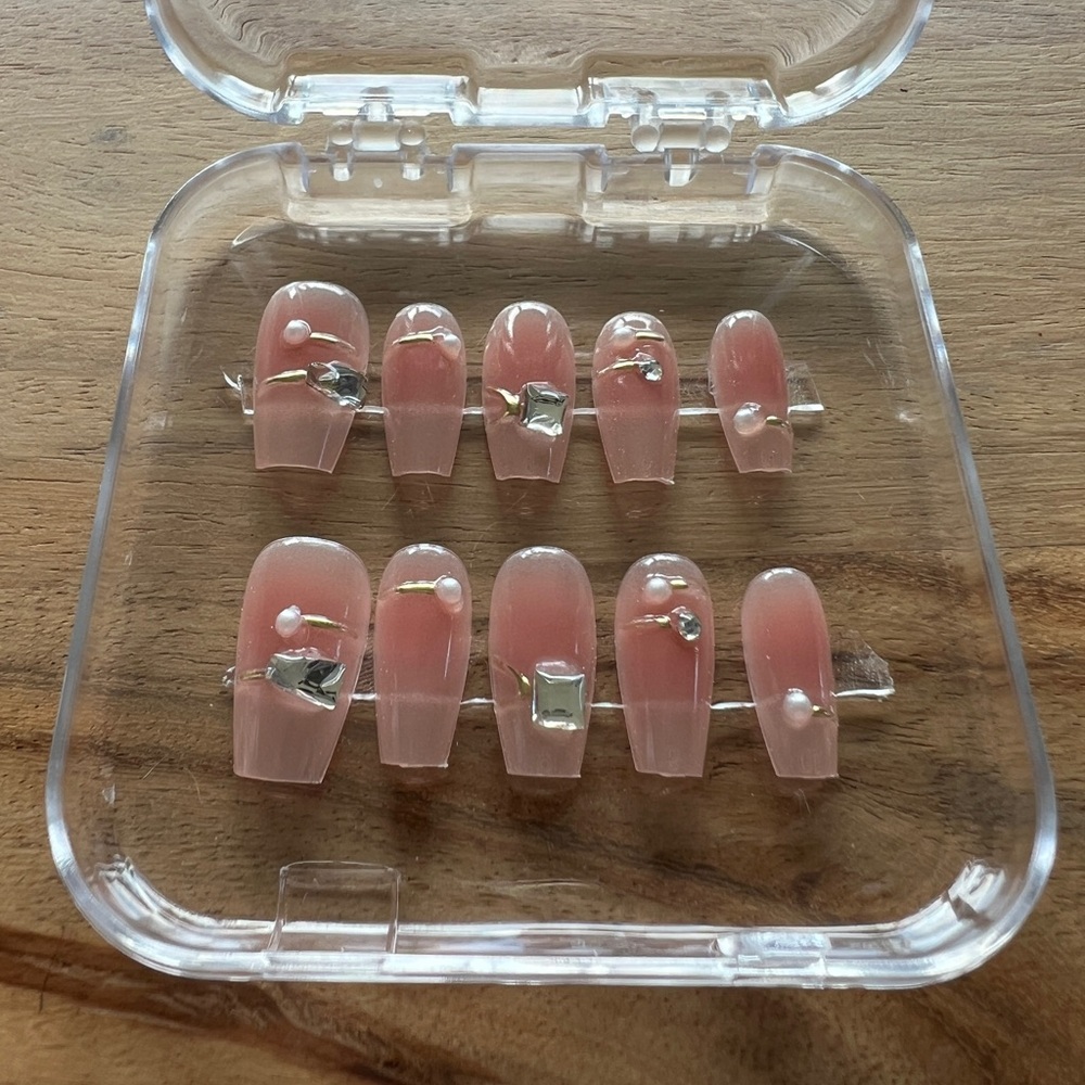 Pink Press-On Nails with diamond Accents